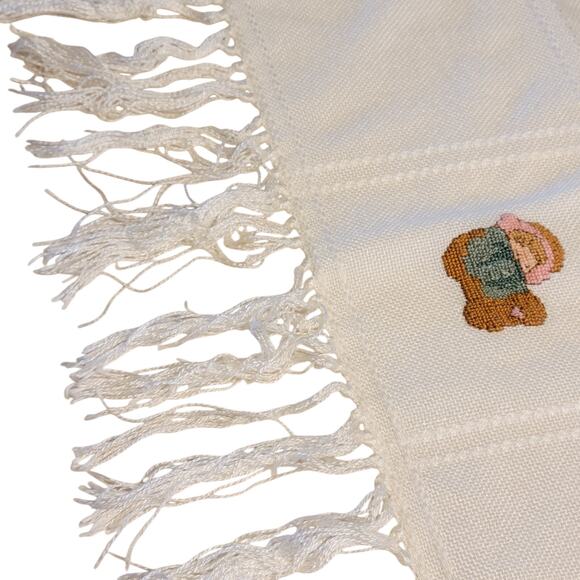 Vintage Handmade Baby Blanket w/ Embroidered Kids & Fringe Edges 36"x36" - Picture 7 of 16